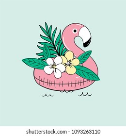 Vector cute illustration of  inflatable flamingo for sea, swimming pool ring,  tube, float with exotic jungle palm tree flower, isolated on empty green background drawn with tablet, sketch imitation