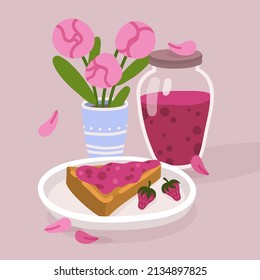 Vector lindo ilustración con tarta de mermelada vida y flores en jarrón