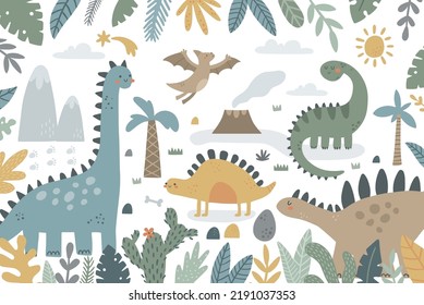 vector cute illustration, jungle landscape and cute dinosaurs, nursery wallpaper design