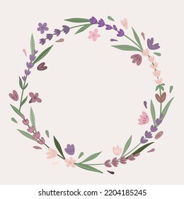 Vector cute illustration with lavender flower round frame 