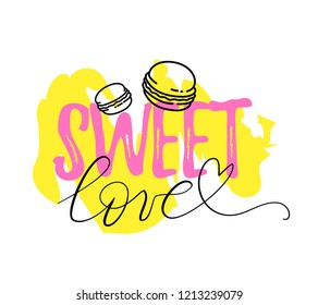 Vector cute illustration of lettering with font sweet love, heart and line art style macaroon on yellow and white background. Web, site, valentine's day card, wedding poster text design