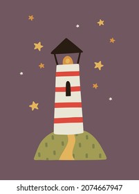 Vektorsüße Illustration mit Leuchtturm und Sternen