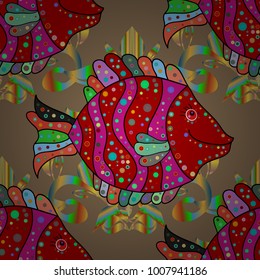 Vector. Cute illustration with line fish and polka dot. Nice fish beige, red and magenta on colors.