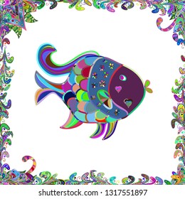 Vector. Cute illustration with line fish and polka dot. Nice fish blue, green and white on colors.
