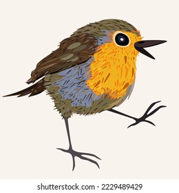 Vector cute illustration of little bird with colorful feathers isolated on light background.