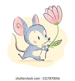 Vector cute illustration of little grey mouse character hold big pink tulip flower stand isolated on white background. Hand drawn craft style. Good for postcard, birthday card, children print, nursery