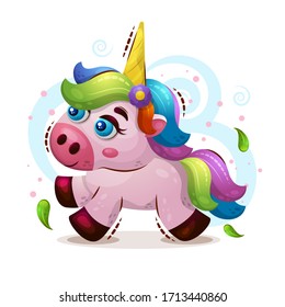 Imagen vectorial linda de un unicornio animal mágico al estilo de una caricatura sobre un fondo blanco. Carácter infantil. Imprimir para ropa, portada de libro,