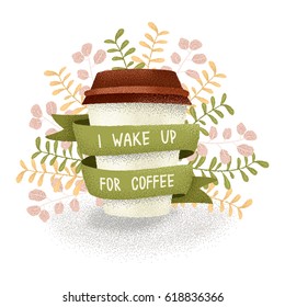 Vector cute illustration with morning coffee, ribbon and flowers with place for text Can be used for print, banner, label, poster, greeting card and invitation. Isolated on white background.