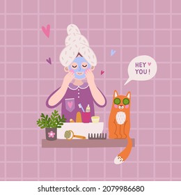 Vector cute illustration with morning washing routine girl and red cat
