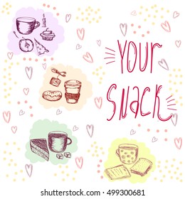Vector cute illustration with most popular snacks on the go decorated with shady hearts and dots. Augmented with sign. Decoration for food and catering themes, design element for printed production