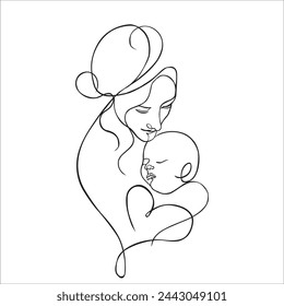 Ilustración linda del vector de la madre y del bebé. Arte lineal en blanco y negro, dibujando sobre un fondo blanco. Día de la madre. Mamá y recién nacido.