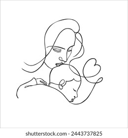 Vector cute illustration of mother and baby. Black and white linear art, drawing on a white background. Mother's day. Mom and newborn.