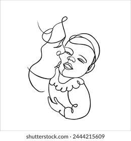 Vector cute illustration of mother and baby. Black and white linear art, drawing on a white background. Mother's day. Mom and newborn.