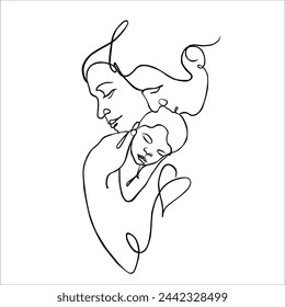 Ilustración linda del vector de la madre, el padre y el bebé. Arte lineal en blanco y negro, dibujando sobre un fondo blanco.