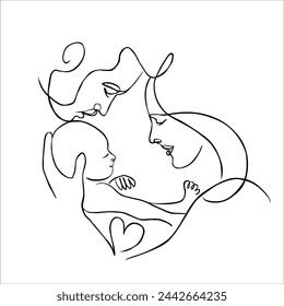 Vector cute illustration of mother, father and baby. Black and white linear art, drawing on a white background.