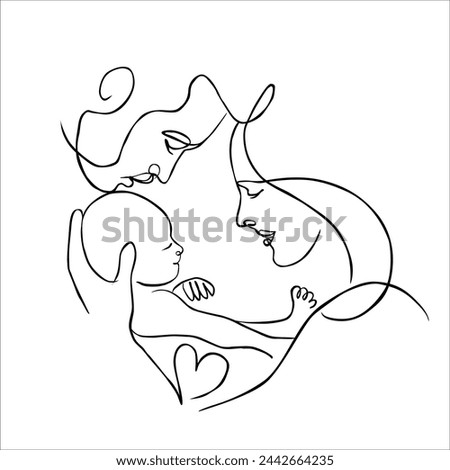 Vector cute illustration of mother, father and baby. Black and white linear art, drawing on a white background.
