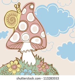Vector cute illustration with mushroom, clouds, flowers and cochlear