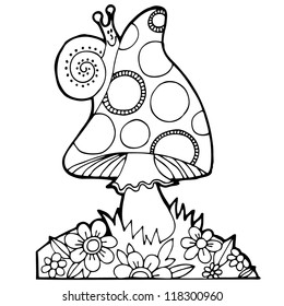 Vector cute illustration with mushroom, clouds, flowers and cochlear
