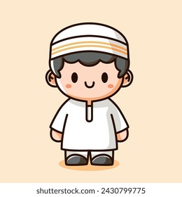 Vector cute illustration of a muslim boy wearing a cap and islamic dress