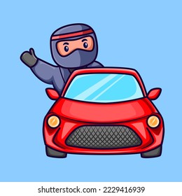 Vector lindo ilustración de ninja lindo montando un auto rojo