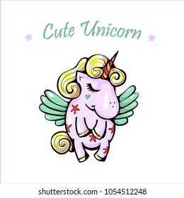 Vector cute illustration with pegasus, isolated. Lettering from unicorns. Cute unicorn