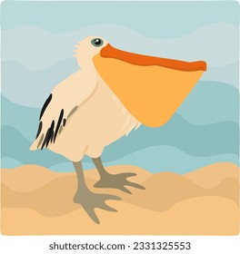 Vector cute illustration of pelican, standing on sand near the sea.