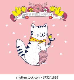 Vector cute illustration of cute pink postcard with white cat, little bird, tape, flowers, stars and inscription "best friends forever". Hand drawn poster. The arts. Drawn with colored crayons and pen