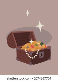 Vector cute illustration with pirate treasure chest, coin and jewerly