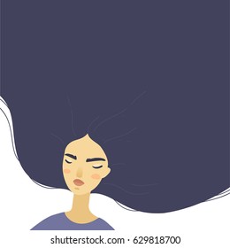 Ilustración vectorial linda. Colocar texto. Bella chica yace con los ojos cerrados.Chica durmiendo. Espeso pelo lujoso. Excelente ilustración para tu diseño. 