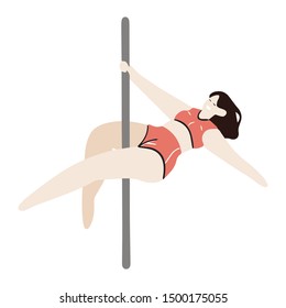 Vector cute illustration with pole dancer girl on a white background.  Pole dance illustration for fitness, striptease dancers, exotic dance.  Body positive