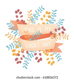 Vector cute illustration with ribbon, flowers and place for text. Can be used for print, banner, label, poster, greeting card and invitation. Isolated on white background