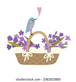 Vector cute illustration with romantic lavender basket, bird, lavender branches and flowers