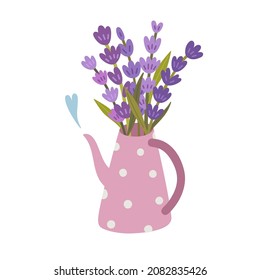 Vector cute illustration with romantic lavender kettle and heart