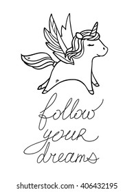 Vector cute vector illustration with running pegasus in the sky. Follow your dreams hand drawn text