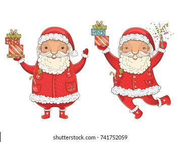 Vector cute illustration of Santa Claus with gifts, candies and confetti. Isolated illustration. Character design.