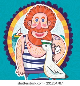Vector cute Illustration of Seagull and funny sailor.