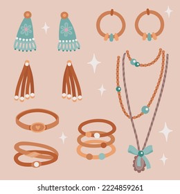 Vector cute illustration set with different kinds of boho style juewelry 