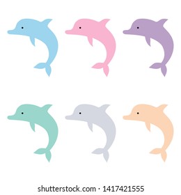 Vector cute illustration set of a funny colorful dolphins jumping fun on a white background