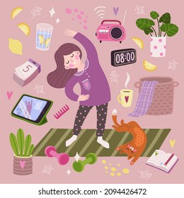 Vector cute illustration set with girl doing morning exersice, cat and morning routine elements