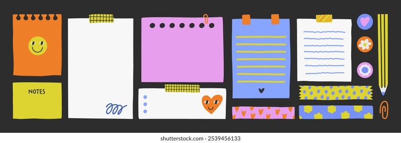 Vector cute illustration of a set of notes,  stickers, paper blanks with place for text. Hand drawn collection for reminders, to do list, planner, schedule.