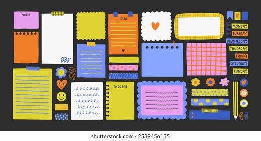 Vector cute illustration of a set of notes,  stickers, paper blanks with place for text. Hand drawn collection for reminders, to do list, planner, schedule.