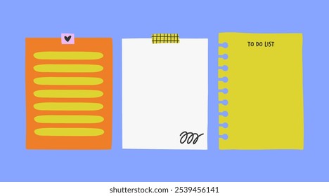 Vector cute illustration of a set of notes,  stickers, paper blanks with place for text. Hand drawn collection for reminders, to do list, planner, schedule.