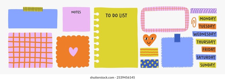 Vector cute illustration of a set of notes,  stickers, paper blanks with place for text. Hand drawn collection for reminders, to do list, planner, schedule.