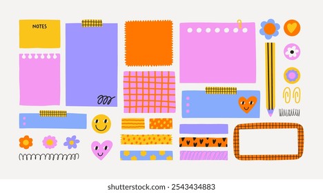 Vector cute illustration of a set of notes,  stickers, paper blanks with place for text. Hand drawn collection for reminders, to do list, planner, schedule.