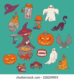 vector cute illustration, Set ofhand drawn cartoon halloween icons