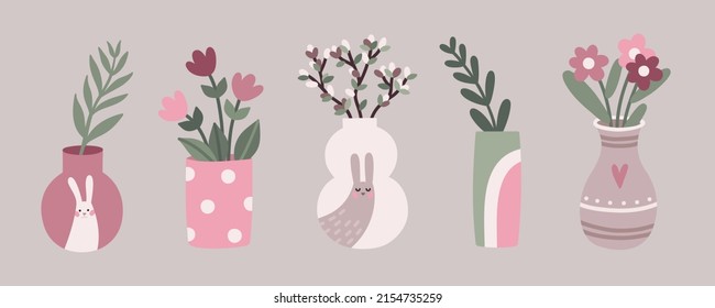 Vector cute illustration set with spring vases, flower pots and pastel colors