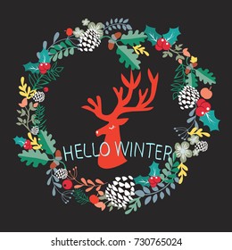 vector cute illustration silhouette of deer head and wreath with christmas frame on dark background hello winter