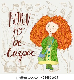 Vector cute illustration with a small ginger girl fond of LARP and crafting. Thematic background. Image for children books, magazines, arts and crafts theme, design element, LARP and role plays.