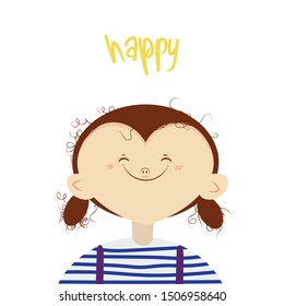 vector cute illustration of a smiling curly girl augmented with Happy sign.