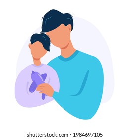 Vector cute illustration of son hug daddy. Happy Father's day. Flat vector illustration 